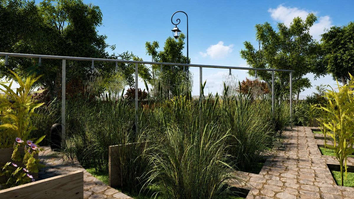 Dense planted lake-edge walk with permeable paving and wetland grasses