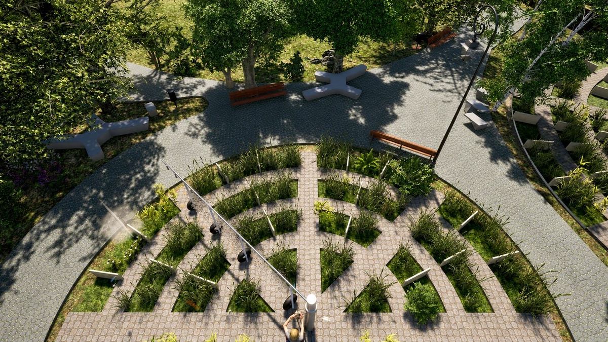 Overhead view of planted beds and shaded paths