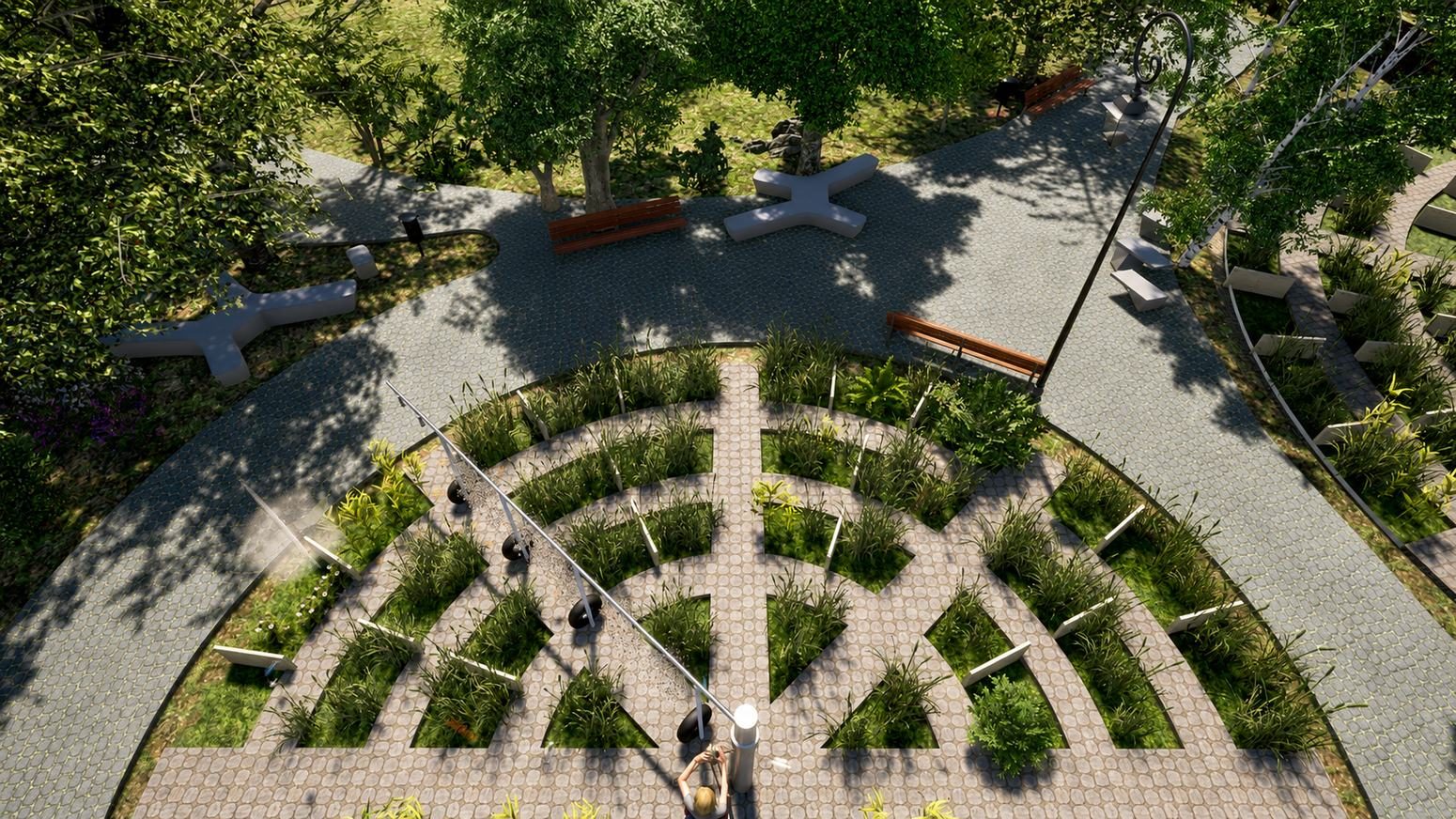 Overhead view of planted beds and shaded paths