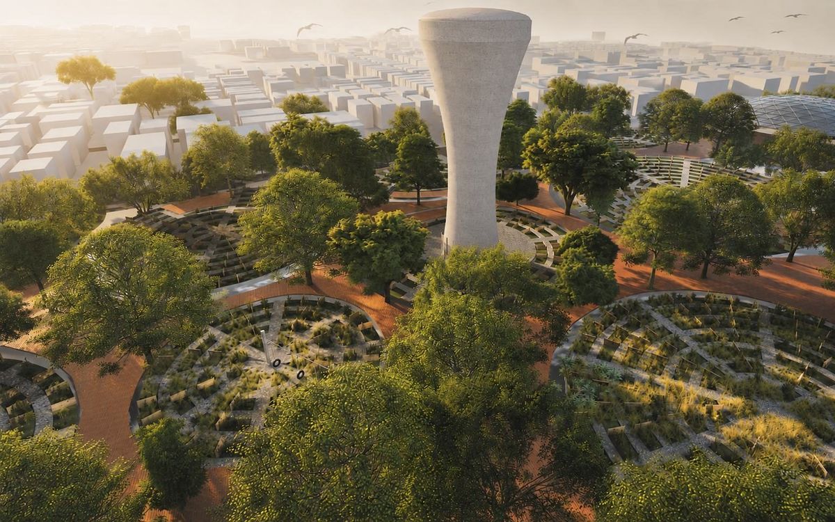 Aerial view of the community garden around the water tower and civic landscape