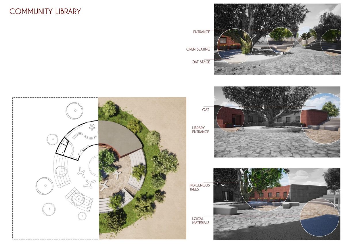 Reading landscape under tree shade at the community library