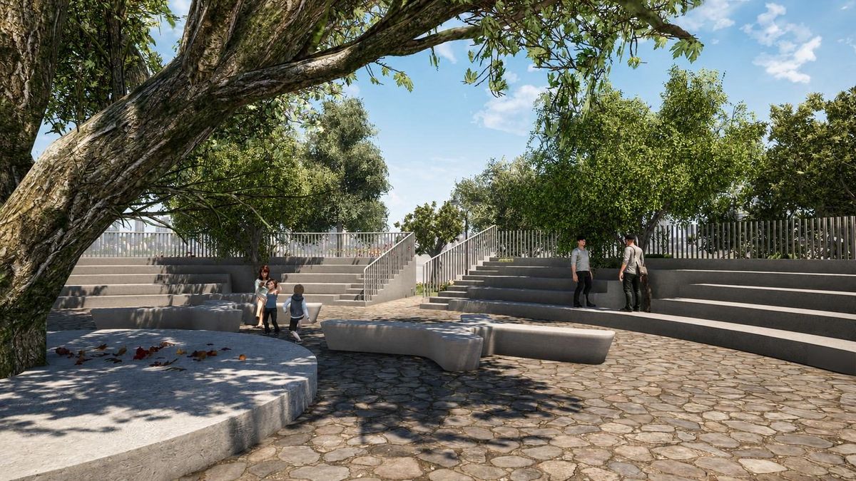 Outdoor reading landscape with tree shade and stepped seating