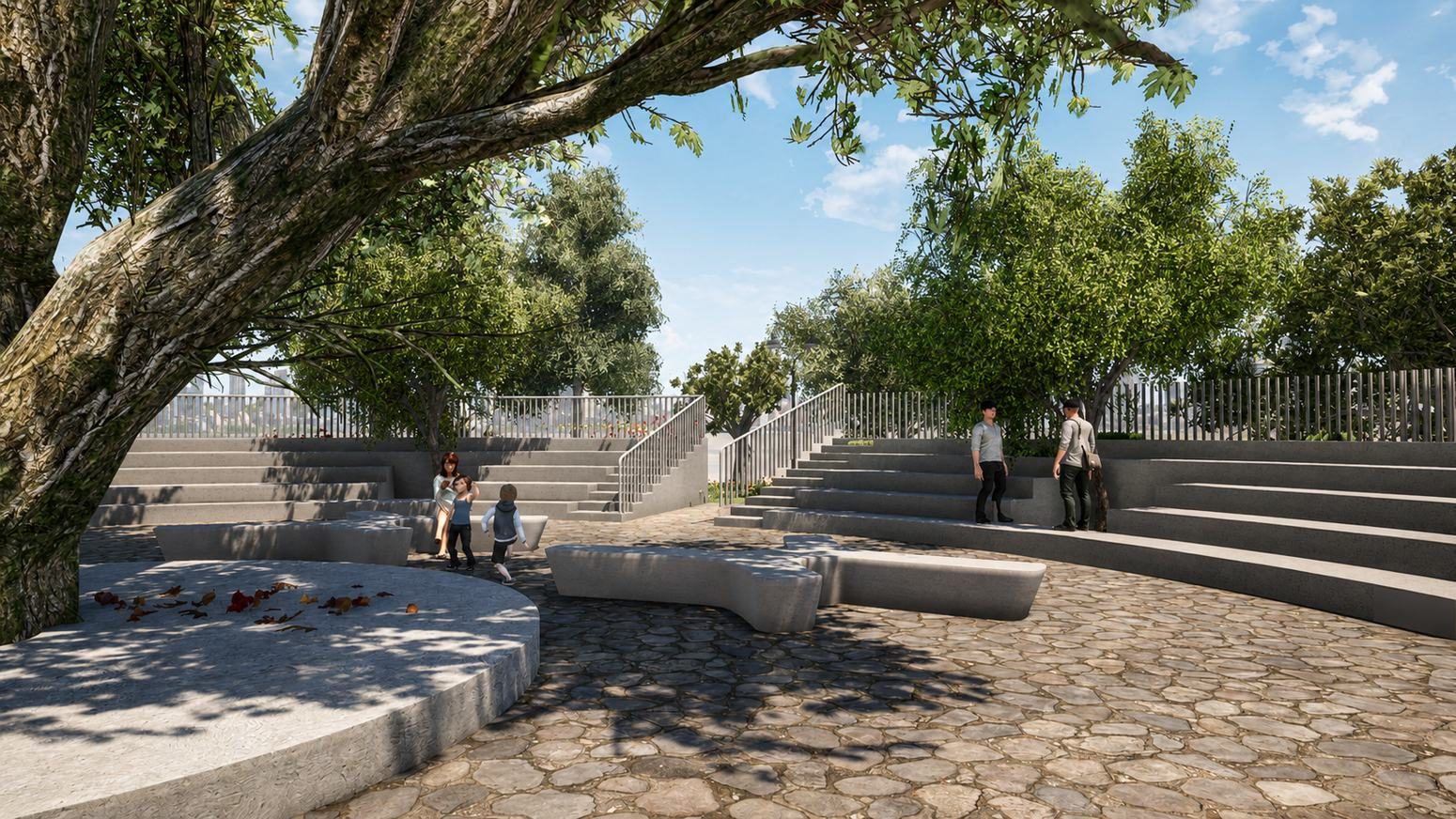 Outdoor reading landscape with tree shade and stepped seating
