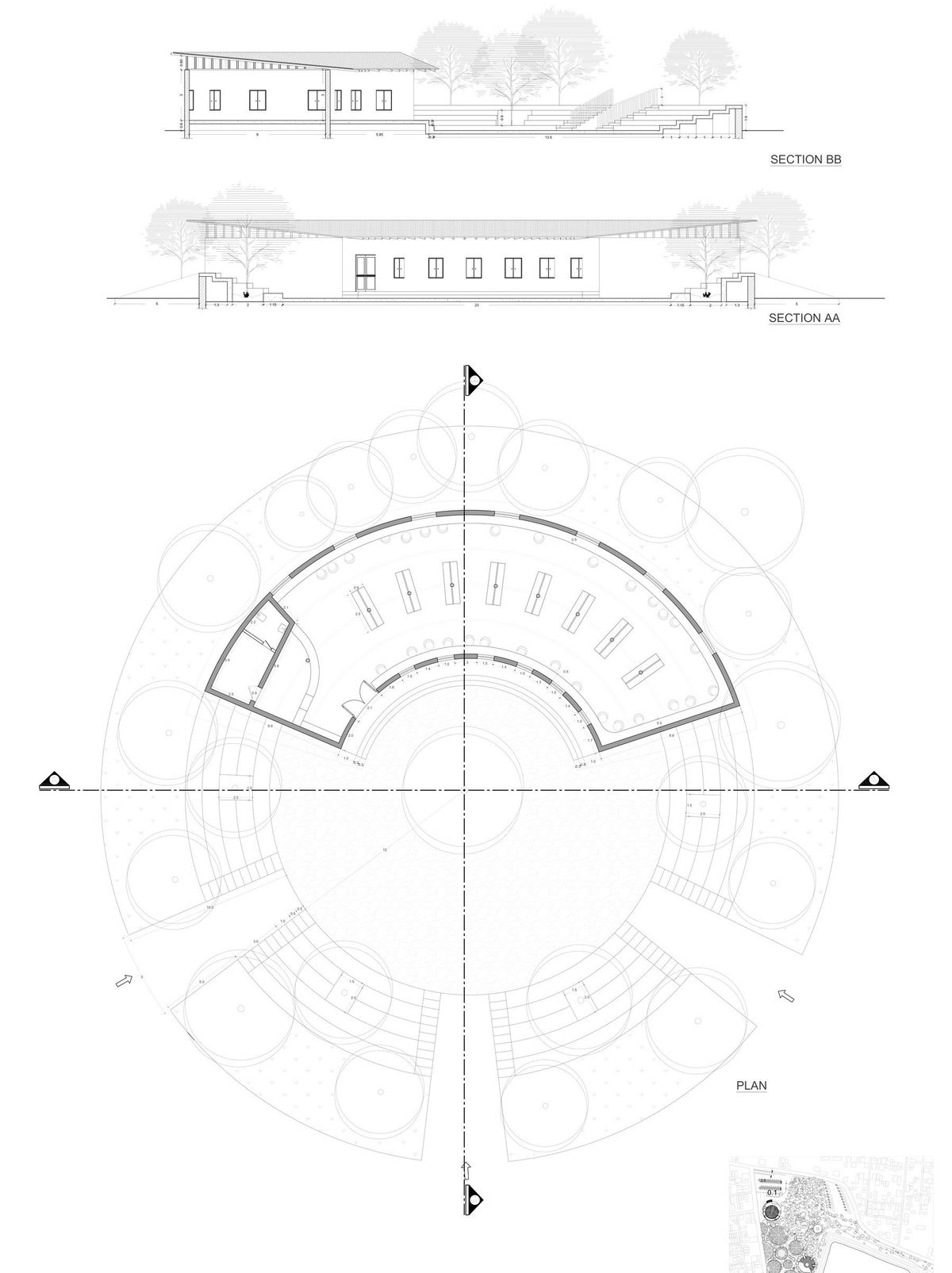 Cropped library CAD plan and sections without title block