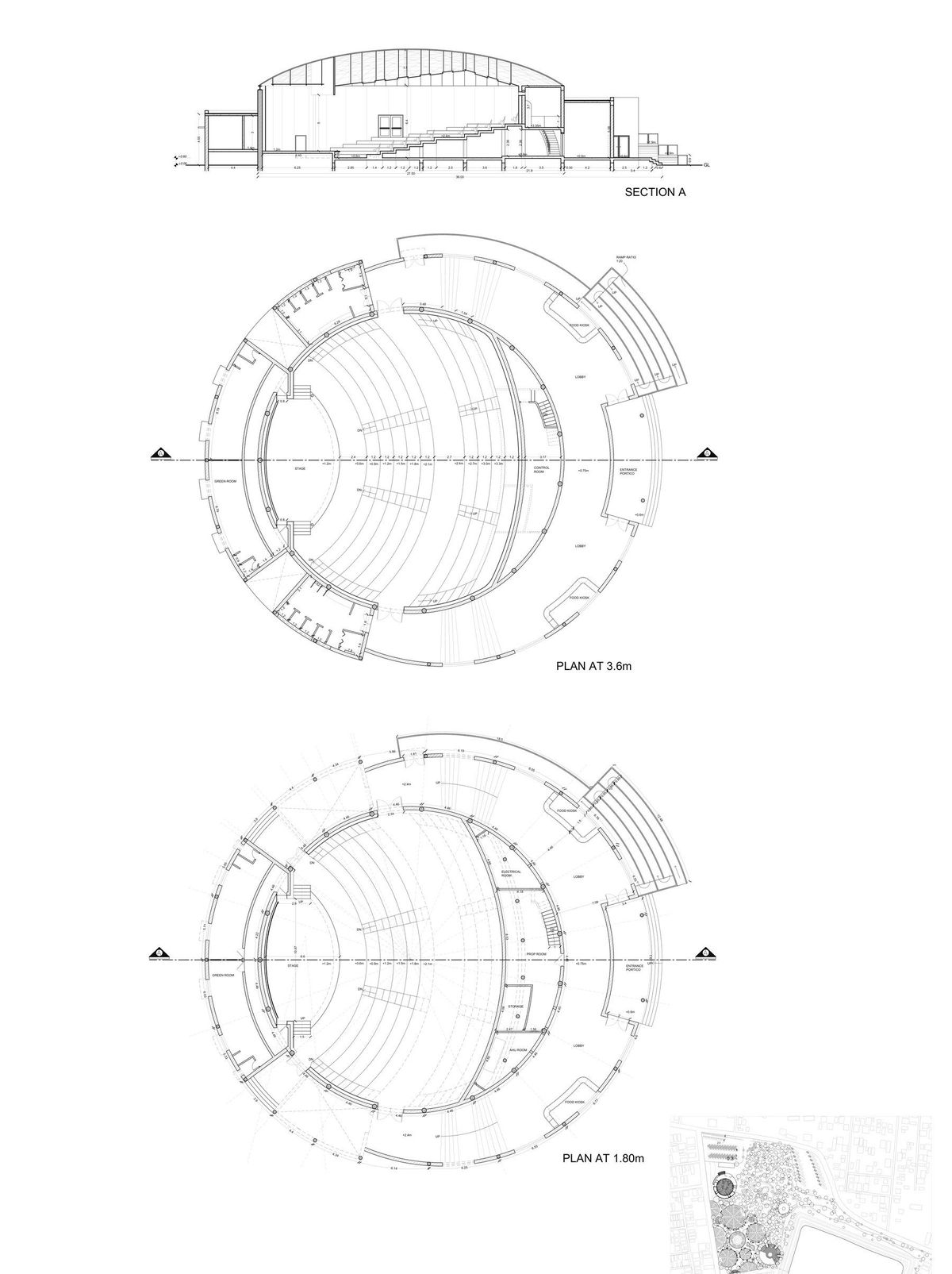 Cropped auditorium plan and section without title block
