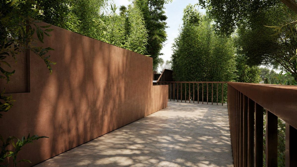 Garden walkway with shaded railing and planting