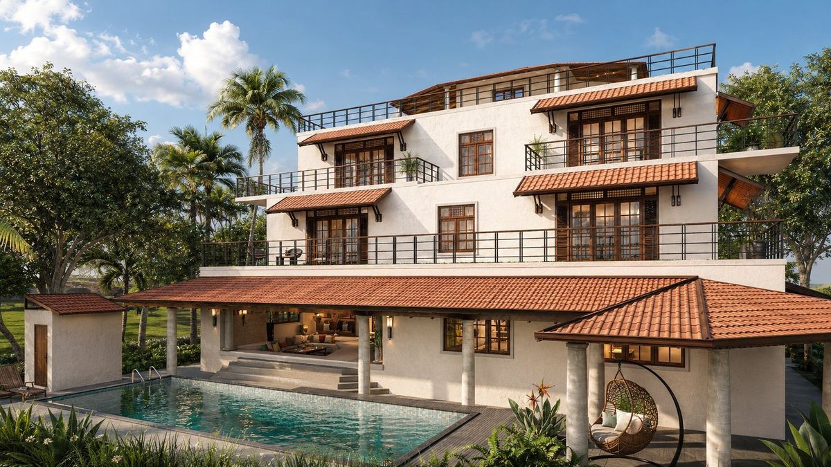 Rear pool elevation of Maxwell Residence in daylight