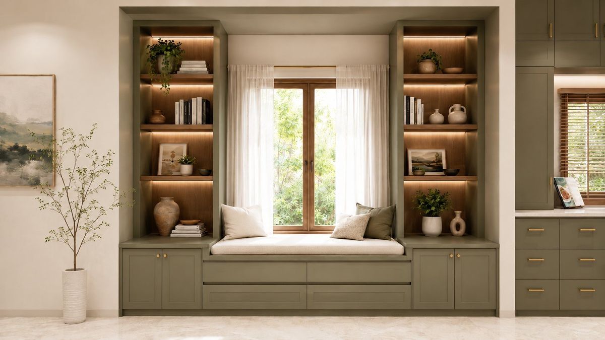 Built-in window seat and storage at Maxwell Residence