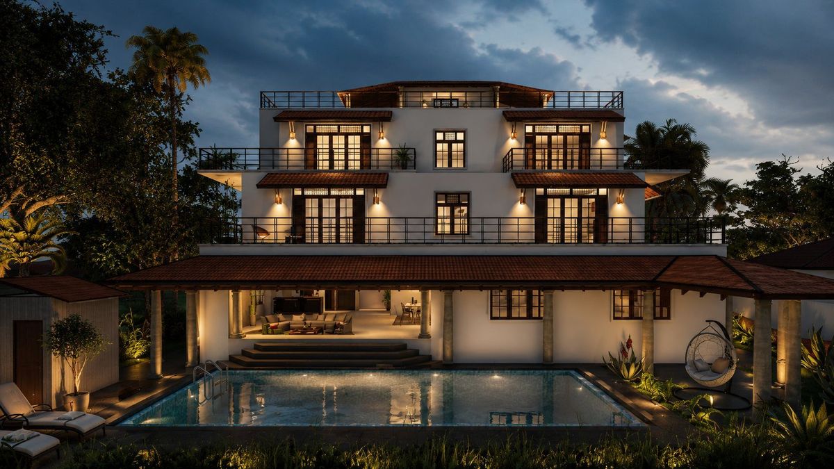 Rear pool elevation of Maxwell Residence at dusk