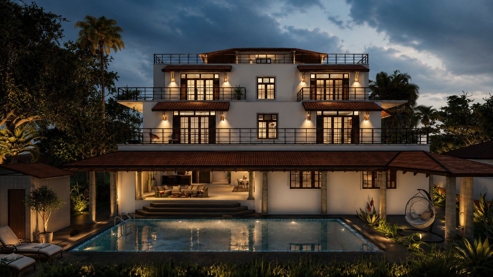 Rear pool elevation of Maxwell Residence at dusk