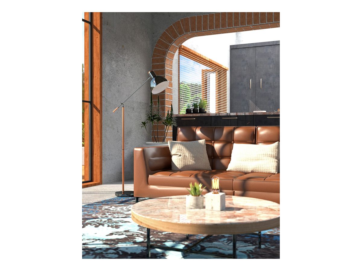 Living area with leather sofa, arched brick opening and dark cabinetry