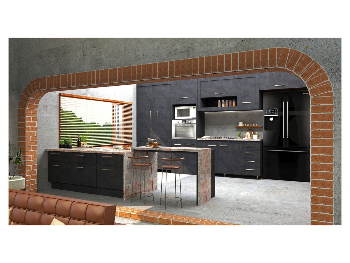 Kitchen framed by a brick arch with dark cabinetry and island