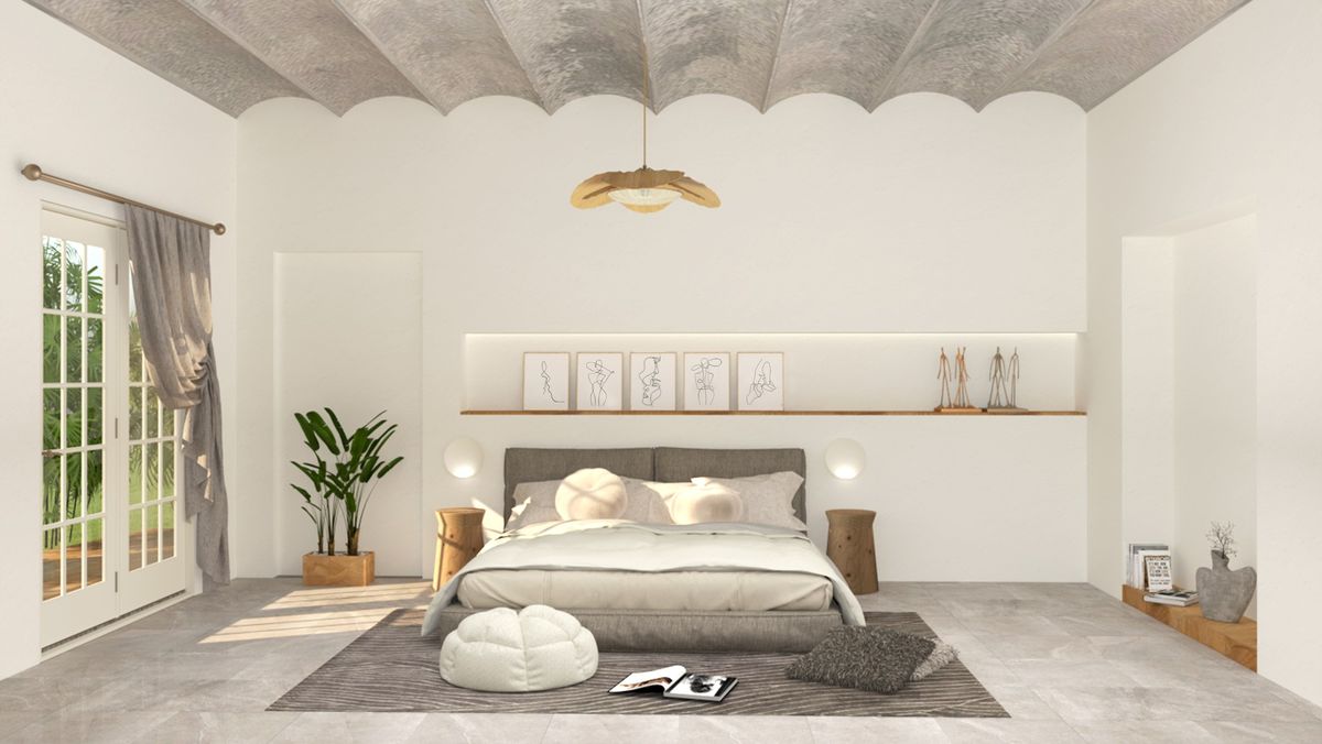 Minimal bedroom with sculpted ceiling edge and soft neutral palette