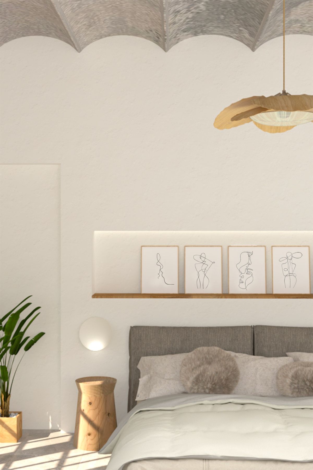 Vertical bedroom view with soft neutral tones and sculpted ceiling edge