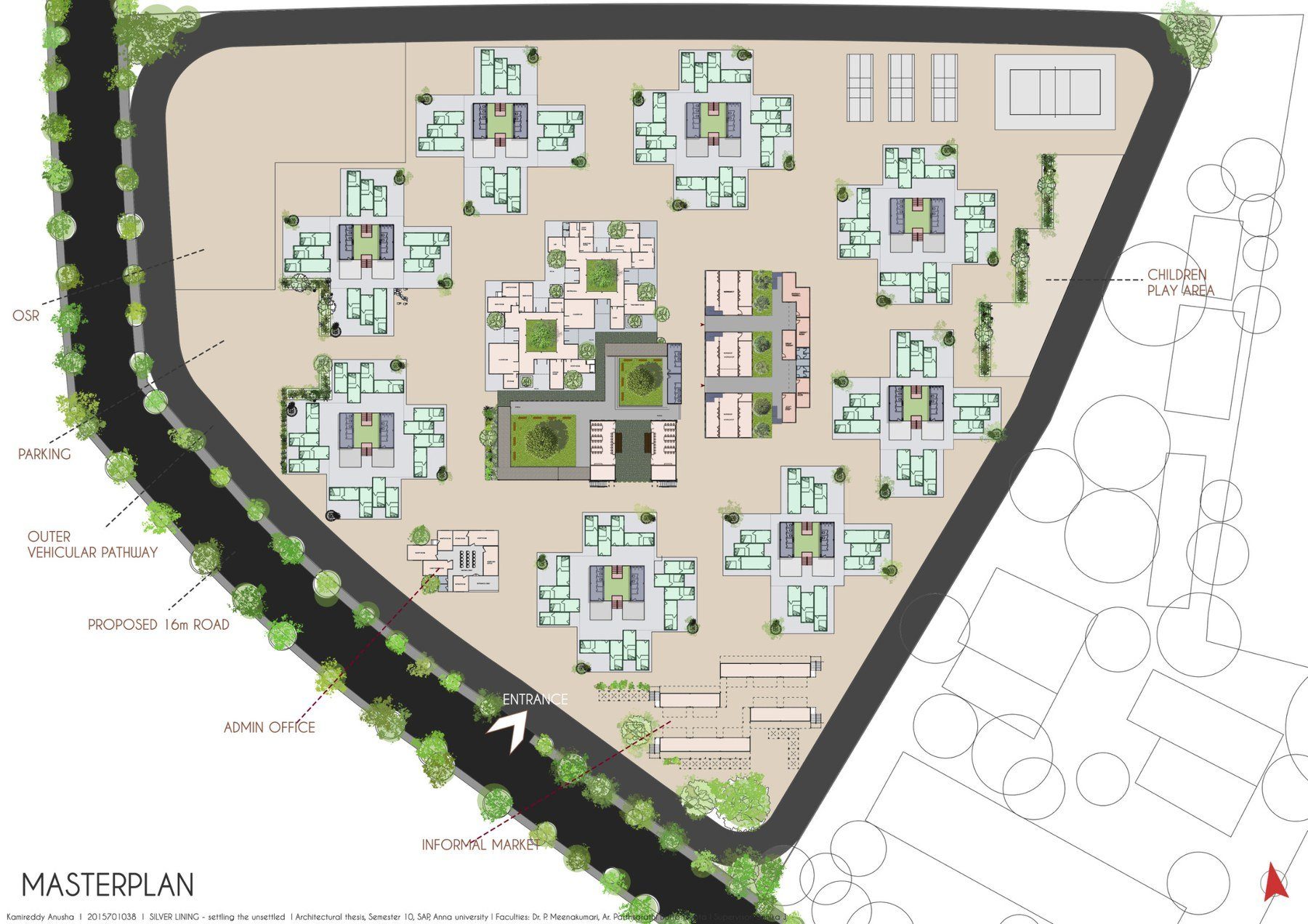 Large masterplan showing housing clusters and support facilities