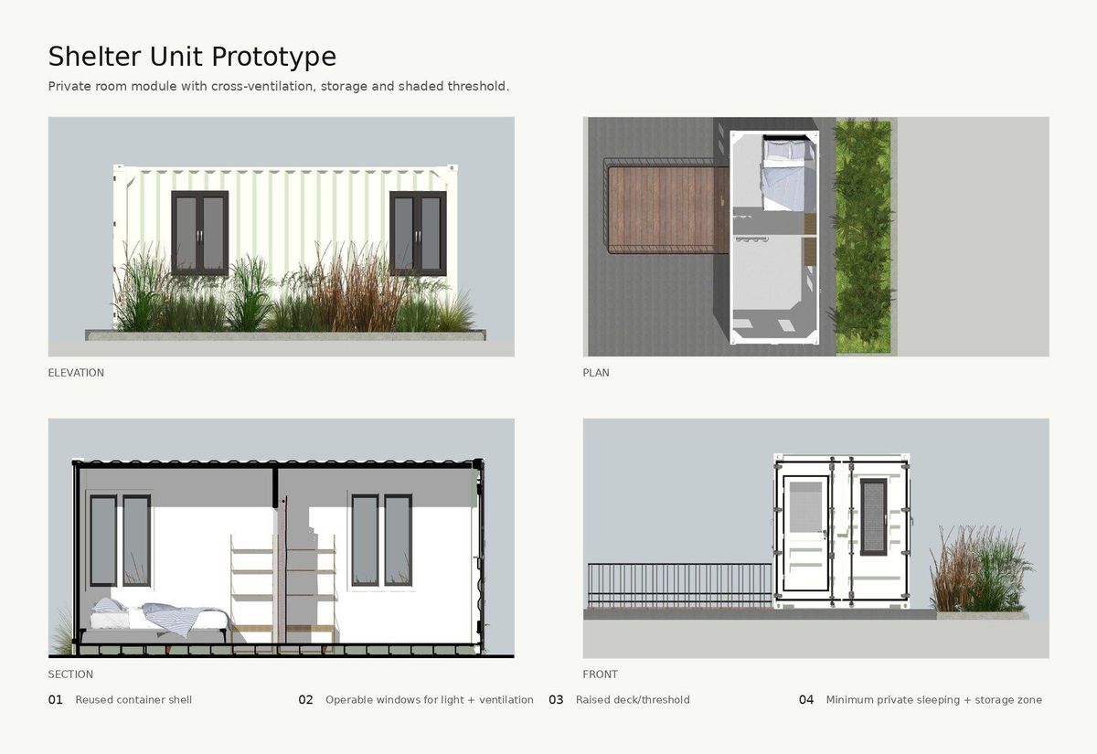 Shelter unit prototype plate with plan, section and elevations