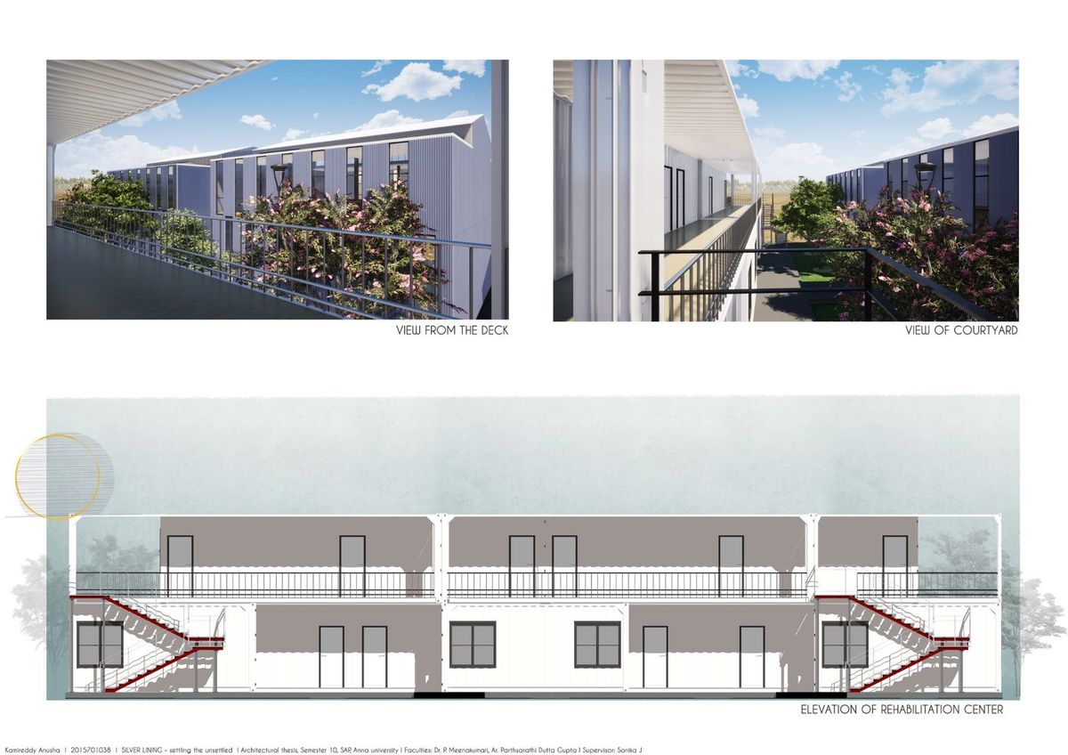 Rehabilitation center elevation with deck and courtyard views