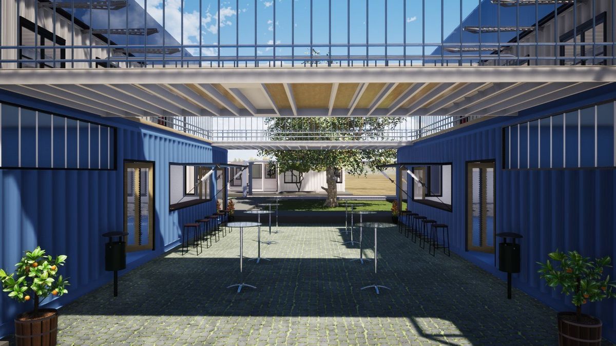 Courtyard render with shared life between buildings