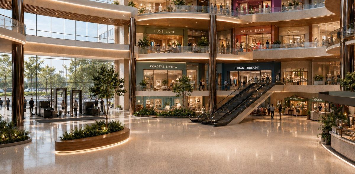 Shopping mall atrium with shops and escalators